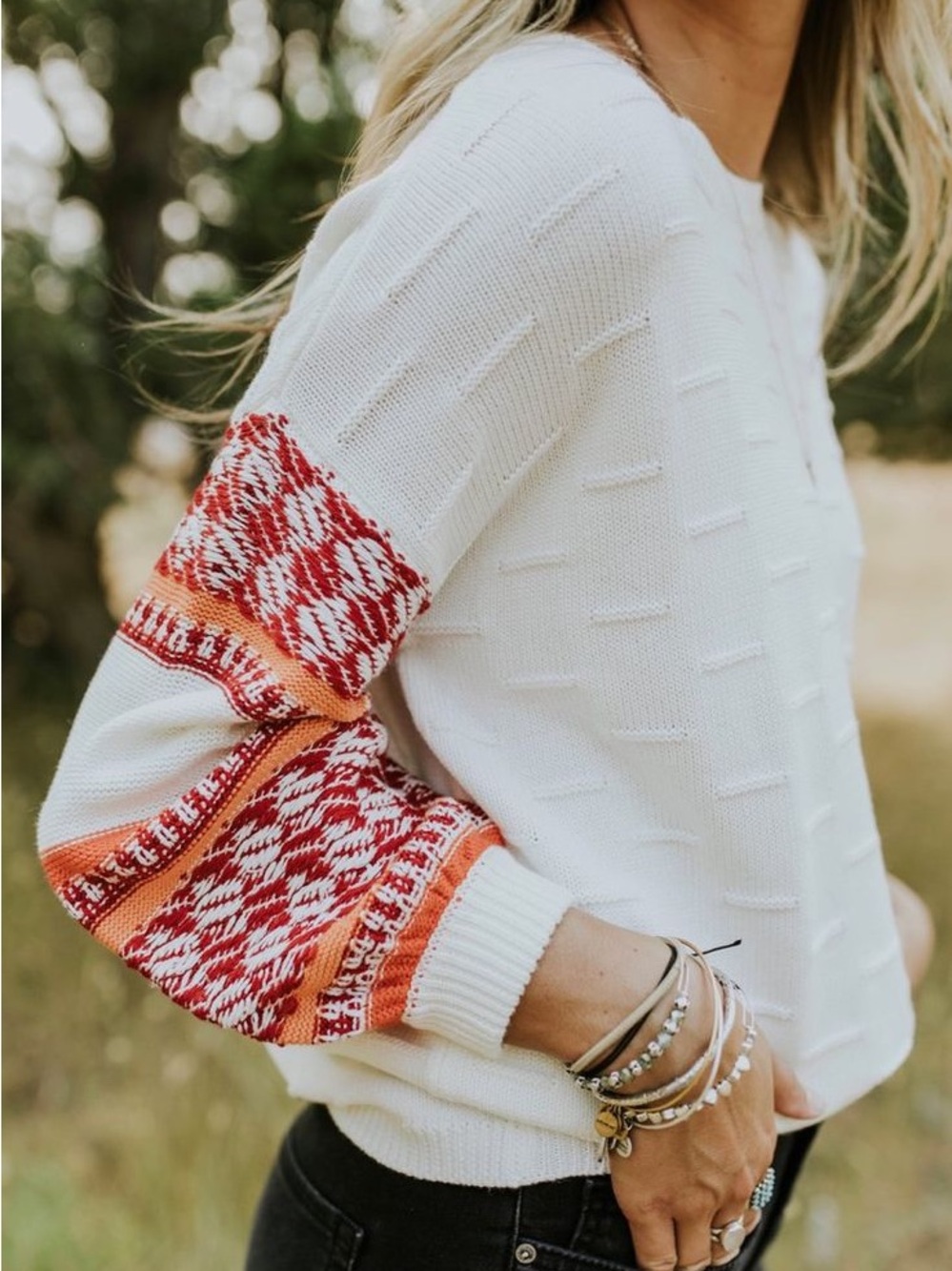 Women’s White Sweater with Gorgeous Red & Orange Patterned Sleeves